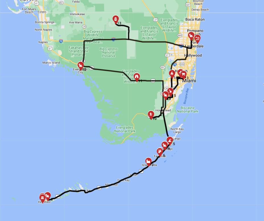 Map for Miami Roundtrip - Southern Florida up to Key West